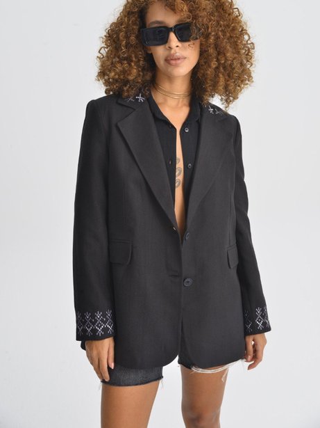 Стильний піджак приталеного силуету з вишивкою, Чорний, XS-S