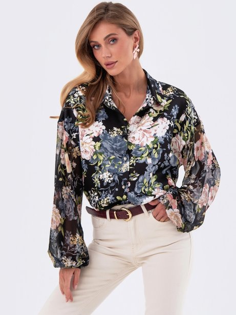 Подовжена блузка в стилі кежуал в квітчастий принт, Чорний, XS