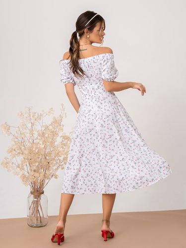 Легка ретро-сукня з відкритими плечима та квітковим принтом, Білий, М