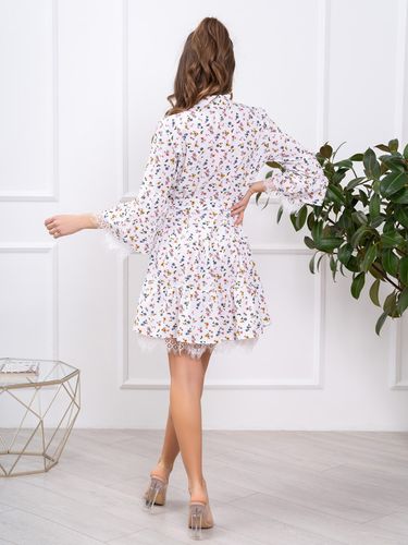 Сукня-сорочка з квітковим принтом та мереживними вставками, Білий, S