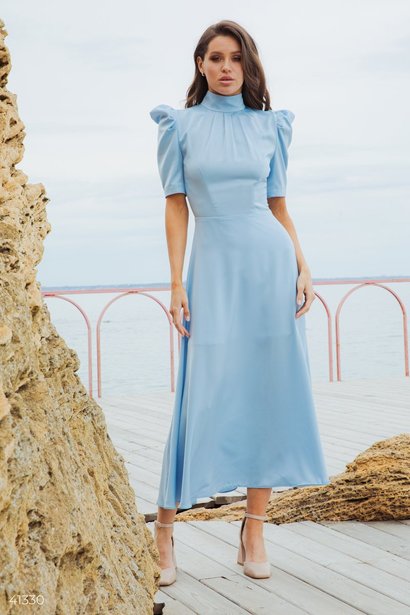 Атласна сукня-міді з коміром-стійкою, Блакитний, XS