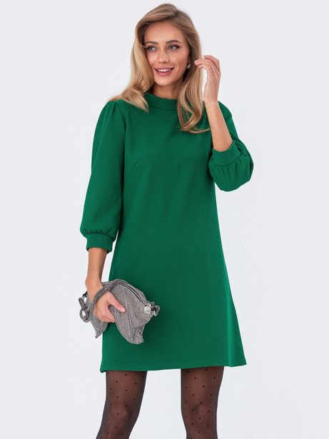 Коротка сукня-трапеція з рукавом ¾, Зелений, S
