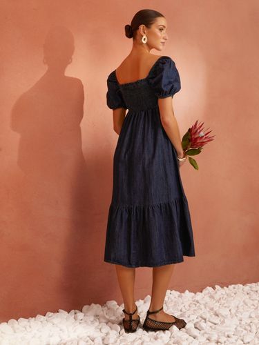 Джинсова сукня з вирізом горловини каре, Темно-синій, S-M