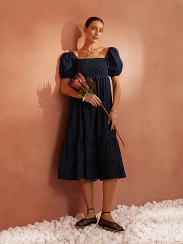 Джинсова сукня з вирізом горловини каре, Темно-синій, S-M
