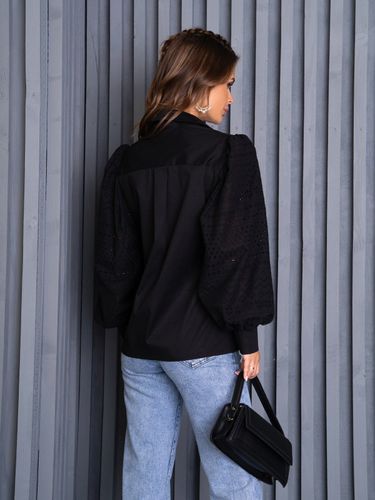 Комбінована класична сорочка з об'ємними рукавами, Чорний, XL